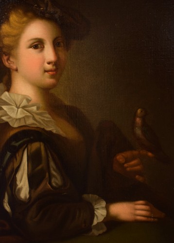 XVIIIe siècle - Jeune femme avec un chardonneret - École française du XVIIIe siècle